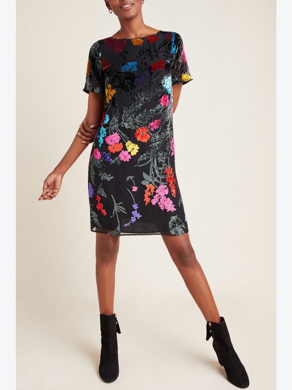 Maeve Anthropologie Alisa Black Floral Velvet Burnout Tee Mini Shift Dress 0